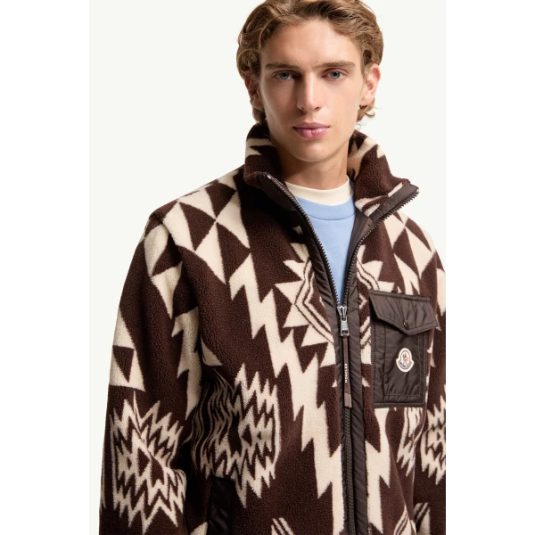 Moncler Geometric Teddy Zip-Up Hoodie in Brown, view 6 | Men's Sweatshirts | Coveti