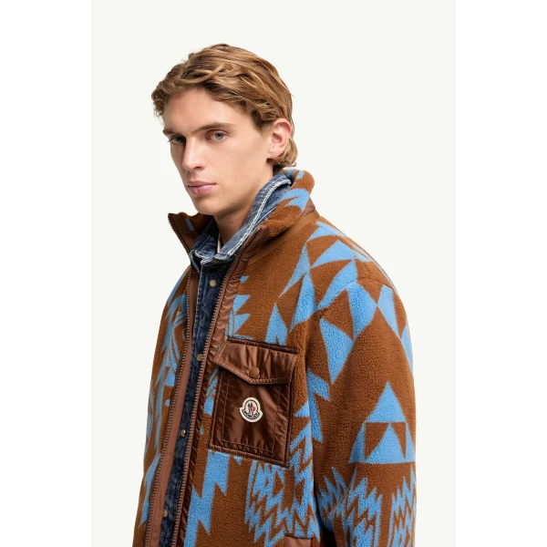 Moncler Geometric Teddy Zip-Up Hoodie in Light Brown, view 3 | Men's Sweatshirts | Coveti