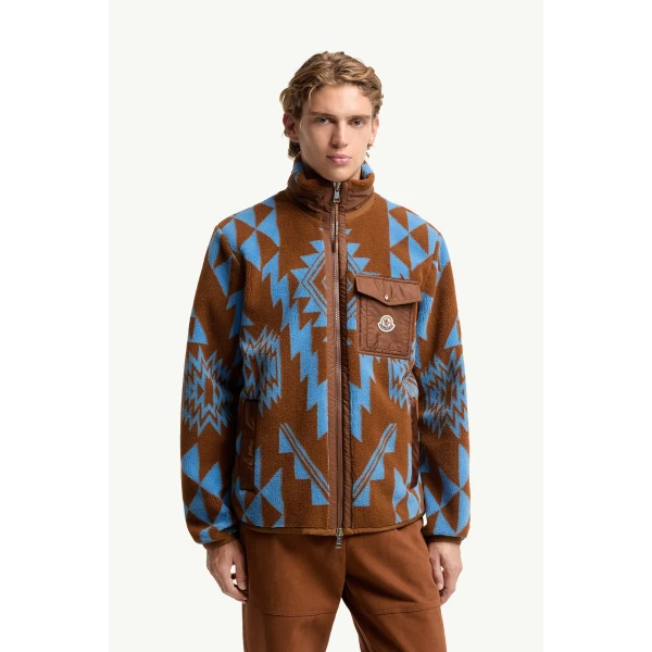 Moncler Geometric Teddy Zip-Up Hoodie in Light Brown, view 4 | Men's Sweatshirts | Coveti