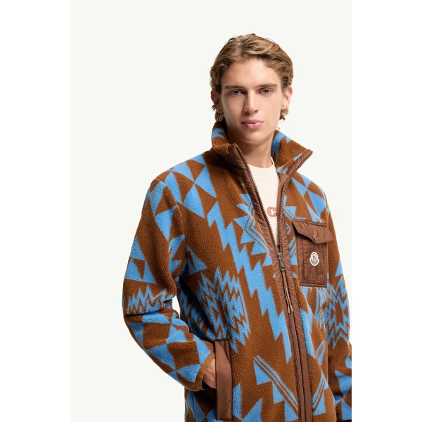 Moncler Geometric Teddy Zip-Up Hoodie in Light Brown, view 6 | Men's Sweatshirts | Coveti
