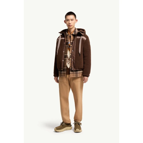 Moncler Geometric Trim Teddy Zip-Up Hoodie in Brown, view 2 | Men's Sweatshirts | Coveti