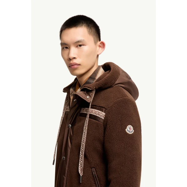 Moncler Geometric Trim Teddy Zip-Up Hoodie in Brown, view 3 | Men's Sweatshirts | Coveti