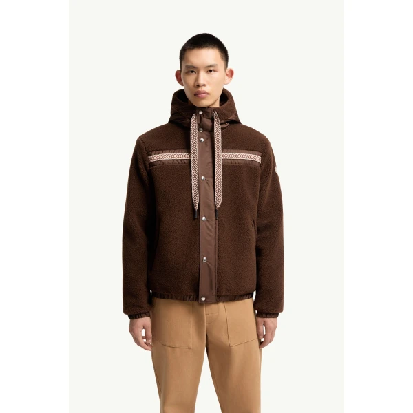 Moncler Geometric Trim Teddy Zip-Up Hoodie in Brown, view 4 | Men's Sweatshirts | Coveti