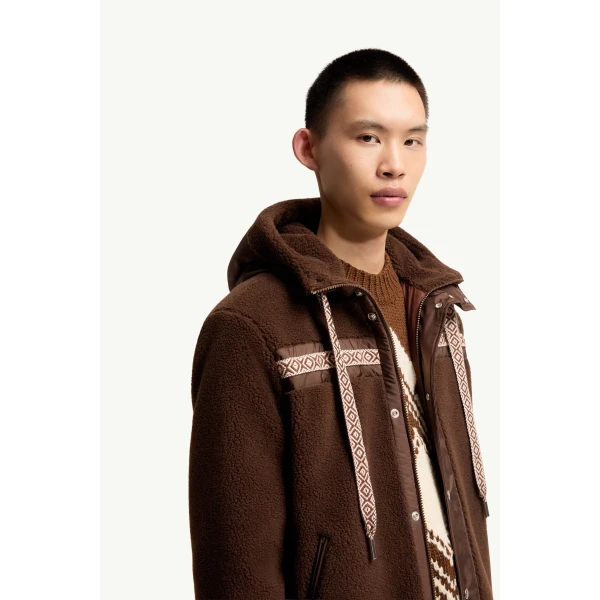 Moncler Geometric Trim Teddy Zip-Up Hoodie in Brown, view 6 | Men's Sweatshirts | Coveti