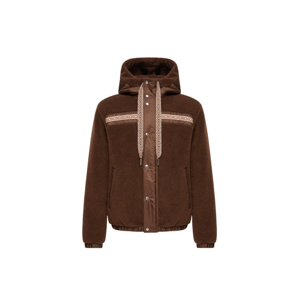 Geometric Trim Teddy Zip-Up Hoodie in Brown