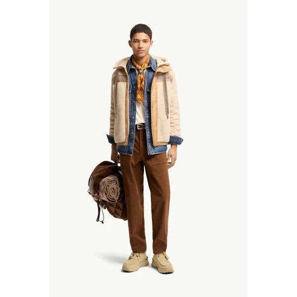 Moncler Geometric Trim Teddy Zip-Up Hoodie in Light Beige, view 2 | Men's Sweatshirts | Coveti