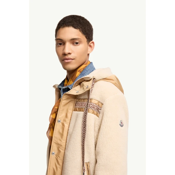 Moncler Geometric Trim Teddy Zip-Up Hoodie in Light Beige, view 3 | Men's Sweatshirts | Coveti