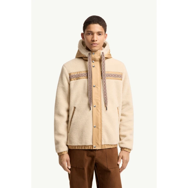 Moncler Geometric Trim Teddy Zip-Up Hoodie in Light Beige, view 4 | Men's Sweatshirts | Coveti