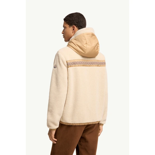 Moncler Geometric Trim Teddy Zip-Up Hoodie in Light Beige, view 5 | Men's Sweatshirts | Coveti