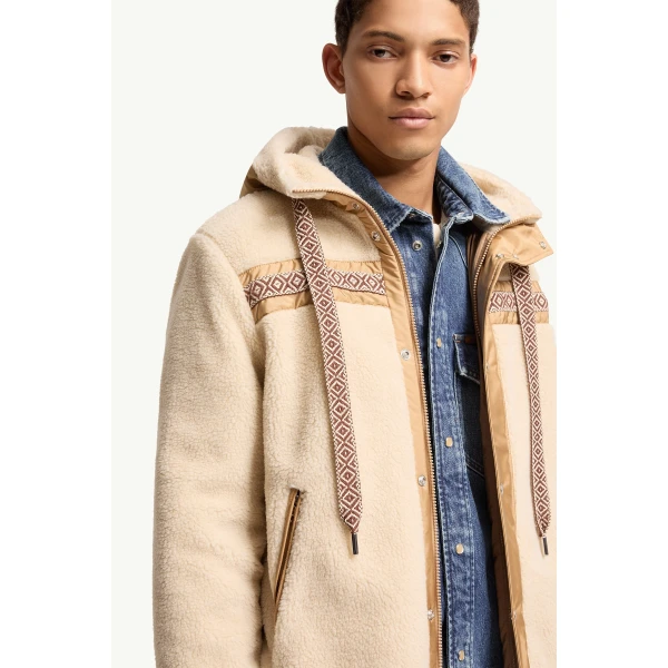 Moncler Geometric Trim Teddy Zip-Up Hoodie in Light Beige, view 6 | Men's Sweatshirts | Coveti