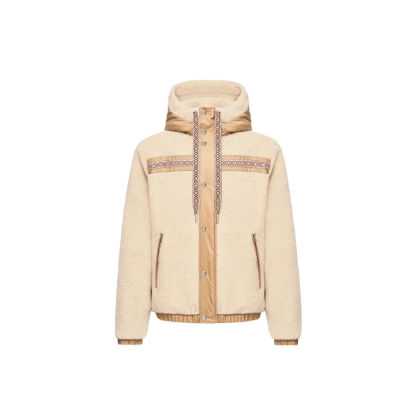 Geometric Trim Teddy Zip-Up Hoodie in Light Beige