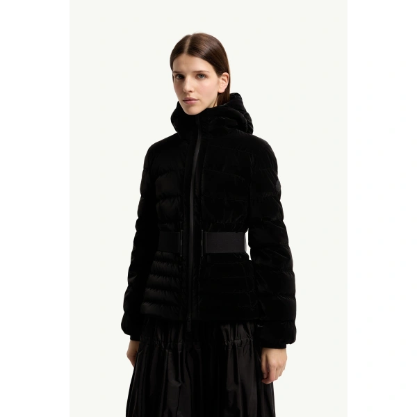 Moncler Gestuelle Belted Short Down Jacket in Black, view 4 | Women's Puffer Jackets | Coveti