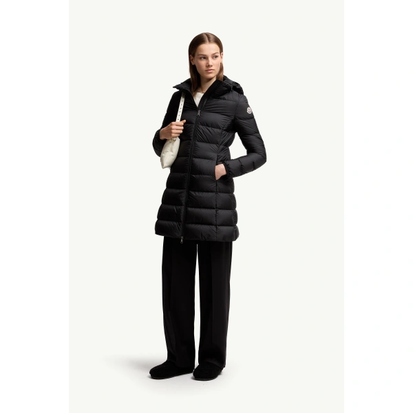 Moncler Gie Hooded Long Down Jacket in Black, view 2 | Women's Puffer and Down Coats | Coveti
