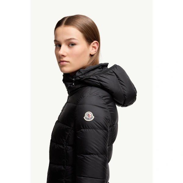 Moncler Gie Hooded Long Down Jacket in Black, view 3 | Women's Puffer and Down Coats | Coveti