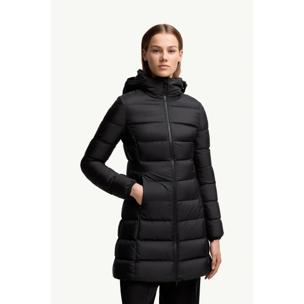 Moncler Gie Hooded Long Down Jacket in Black, view 4 | Women's Puffer and Down Coats | Coveti