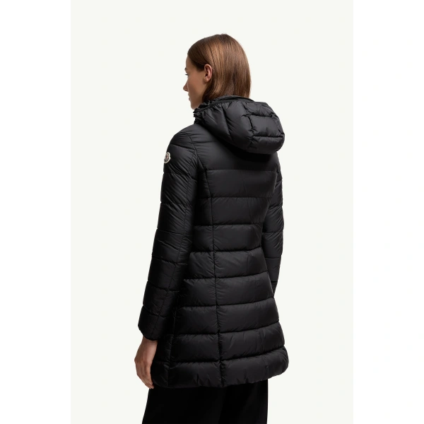 Moncler Gie Hooded Long Down Jacket in Black, view 5 | Women's Puffer and Down Coats | Coveti