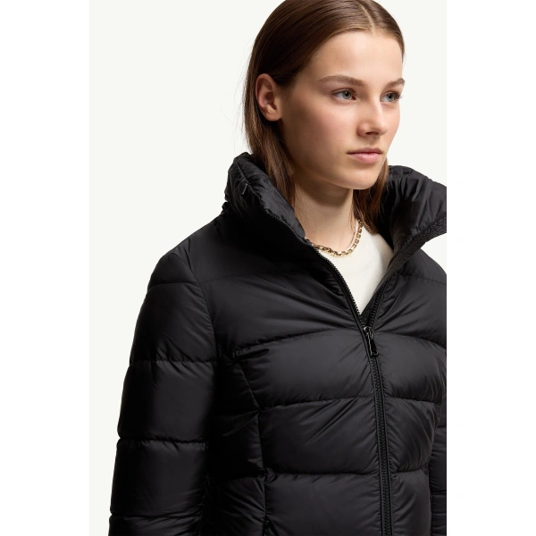 Moncler Gie Hooded Long Down Jacket in Black, view 6 | Women's Puffer and Down Coats | Coveti