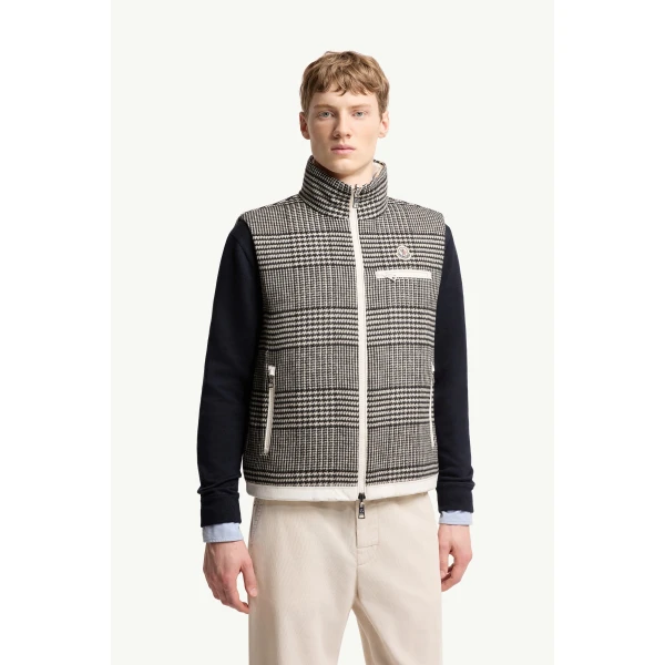 Moncler Gienah Reversible Wool Blend Down Gilet in Gray, view 4 | Men's Jackets | Coveti