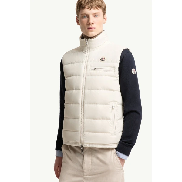 Moncler Gienah Reversible Wool Blend Down Gilet in Gray, view 6 | Men's Jackets | Coveti
