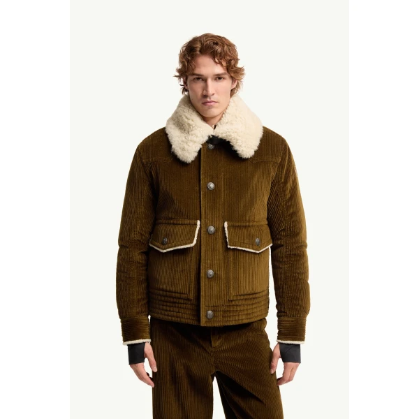 Moncler Givrand Shearling-Trimmed Corduroy Short Down Jacket in Brown, view 4 | Men's Jackets | Coveti