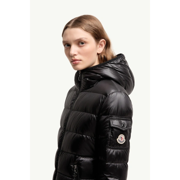 Moncler Glesse Hooded Short Down Jacket in Black, view 3 | Women's Puffer Jackets | Coveti