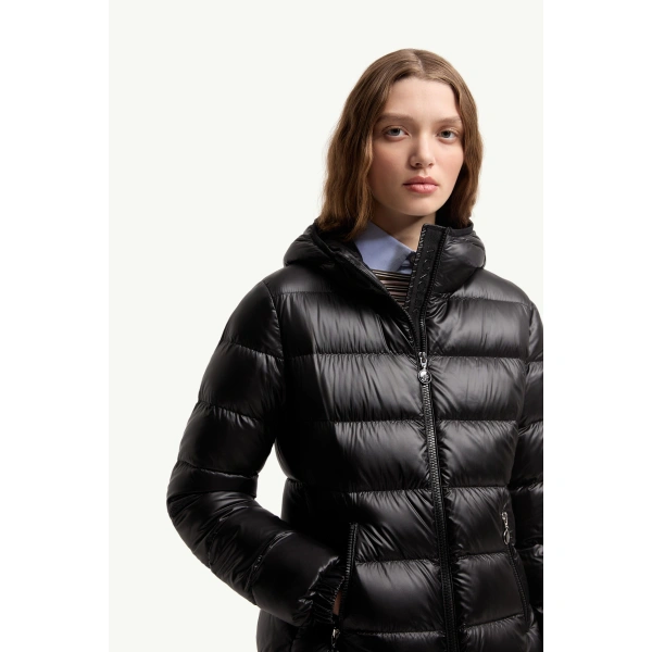 Moncler Glesse Hooded Short Down Jacket in Black, view 6 | Women's Puffer Jackets | Coveti