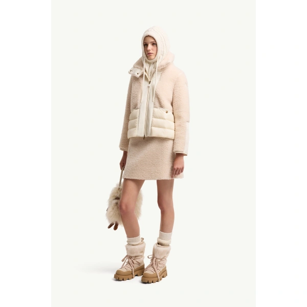 Moncler Glorieux Hooded Teddy Short Down Jacket in White Ivory, view 2 | Women's Puffer Jackets | Coveti