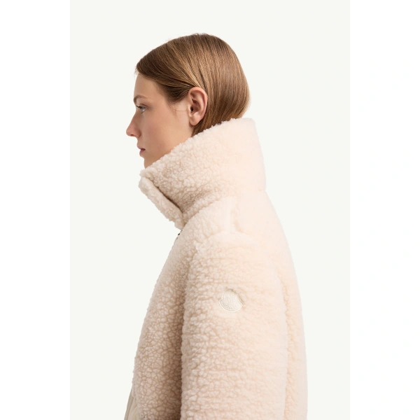 Moncler Glorieux Hooded Teddy Short Down Jacket in White Ivory, view 3 | Women's Puffer Jackets | Coveti