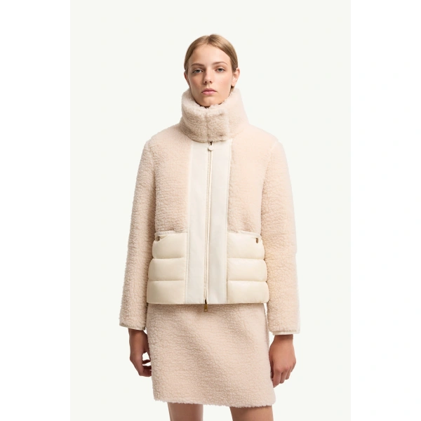 Moncler Glorieux Hooded Teddy Short Down Jacket in White Ivory, view 4 | Women's Puffer Jackets | Coveti