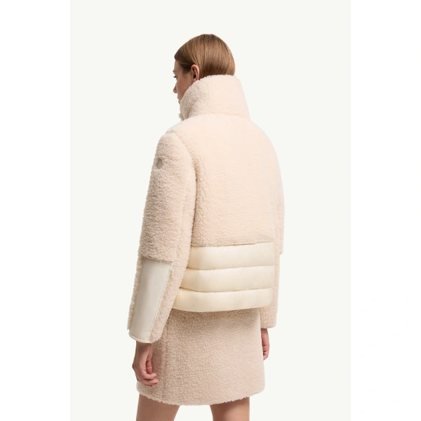 Moncler Glorieux Hooded Teddy Short Down Jacket in White Ivory, view 5 | Women's Puffer Jackets | Coveti