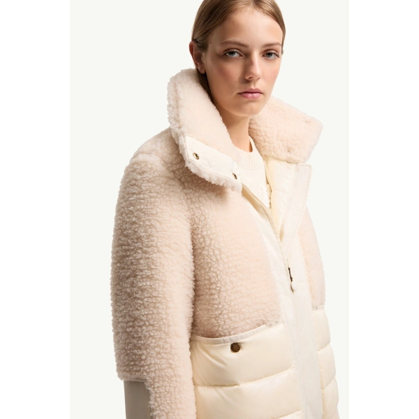 Moncler Glorieux Hooded Teddy Short Down Jacket in White Ivory, view 6 | Women's Puffer Jackets | Coveti
