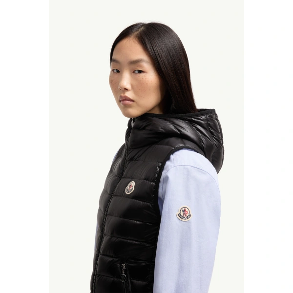 Moncler Glygosse Hooded Down Gilet in Black, view 3 | Women's Vests and Gilets | Coveti