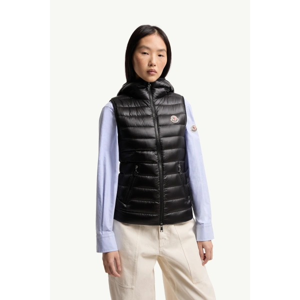 Moncler Glygosse Hooded Down Gilet in Black, view 4 | Women's Vests and Gilets | Coveti