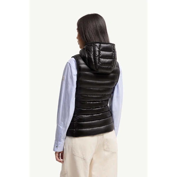 Moncler Glygosse Hooded Down Gilet in Black, view 5 | Women's Vests and Gilets | Coveti