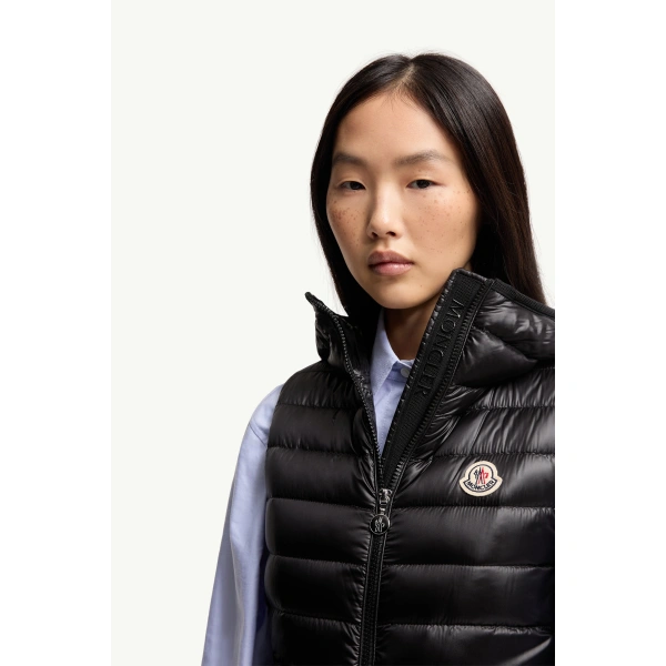 Moncler Glygosse Hooded Down Gilet in Black, view 6 | Women's Vests and Gilets | Coveti