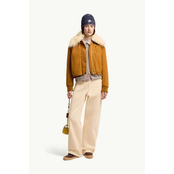 Moncler Gravio Shearling-Trimmed Short Down Jacket in Dark Yellow, view 2 | Women's Puffer Jackets | Coveti