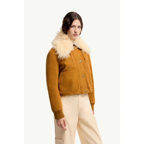 Moncler Gravio Shearling-Trimmed Short Down Jacket in Dark Yellow, view 4 | Women's Puffer Jackets | Coveti
