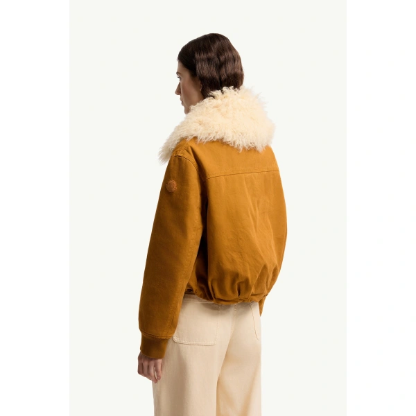 Moncler Gravio Shearling-Trimmed Short Down Jacket in Dark Yellow, view 5 | Women's Puffer Jackets | Coveti