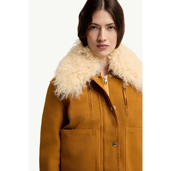 Moncler Gravio Shearling-Trimmed Short Down Jacket in Dark Yellow, view 6 | Women's Puffer Jackets | Coveti
