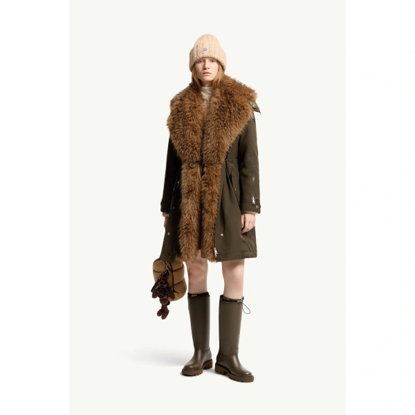 Moncler Halicte Hooded Long Down Parka Jacket in Dark Green, view 2 | Women's Puffer and Down Coats | Coveti