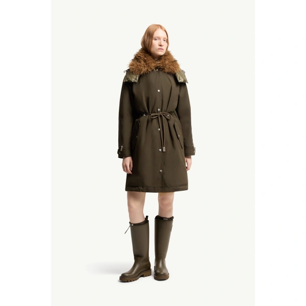Moncler Halicte Hooded Long Down Parka Jacket in Dark Green, view 4 | Women's Puffer and Down Coats | Coveti