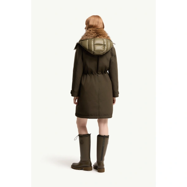 Moncler Halicte Hooded Long Down Parka Jacket in Dark Green, view 5 | Women's Puffer and Down Coats | Coveti
