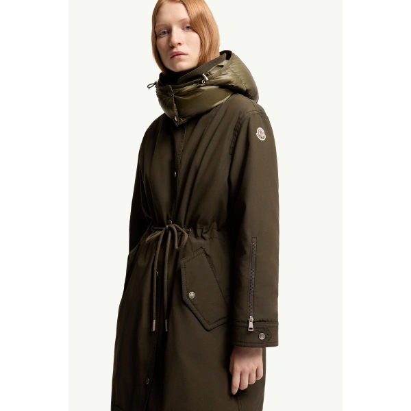 Moncler Halicte Hooded Long Down Parka Jacket in Dark Green, view 6 | Women's Puffer and Down Coats | Coveti
