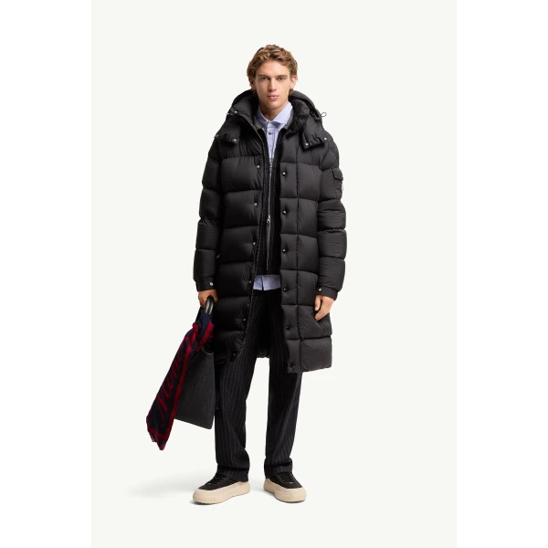 Moncler Hanoverian Hooded Long Down Jacket in Black, view 2 | Men's Coats | Coveti