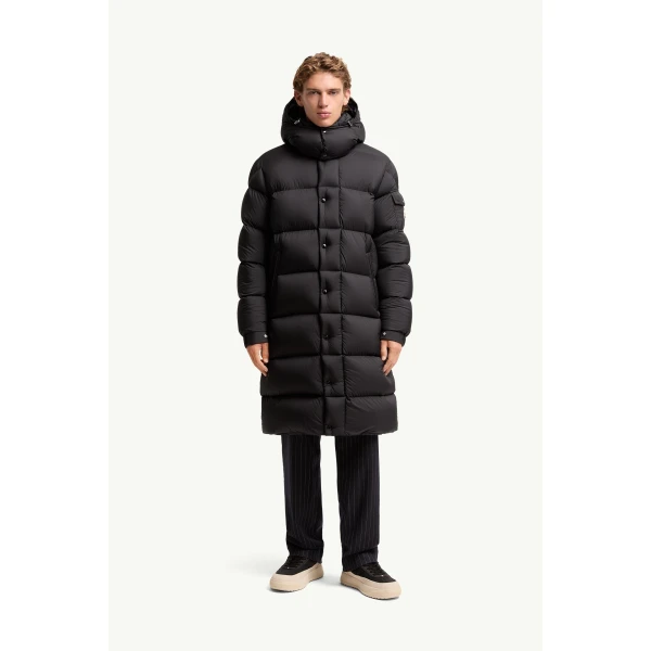Moncler Hanoverian Hooded Long Down Jacket in Black, view 4 | Men's Coats | Coveti