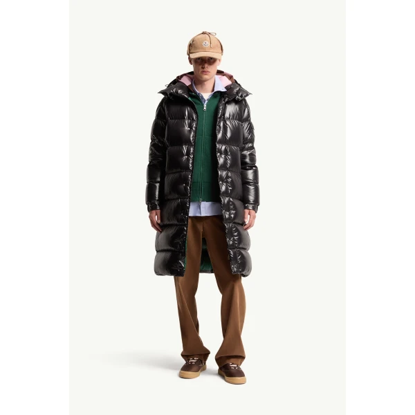 Moncler Hanoverian Hooded Square-Quilted Long Down Jacket in Metallic Black, view 2 | Men's Coats | Coveti