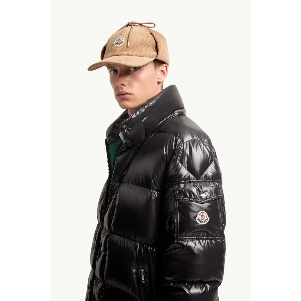 Moncler Hanoverian Hooded Square-Quilted Long Down Jacket in Metallic Black, view 3 | Men's Coats | Coveti