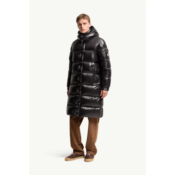 Moncler Hanoverian Hooded Square-Quilted Long Down Jacket in Metallic Black, view 4 | Men's Coats | Coveti