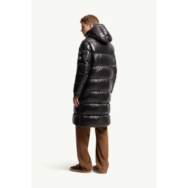 Moncler Hanoverian Hooded Square-Quilted Long Down Jacket in Metallic Black, view 5 | Men's Coats | Coveti