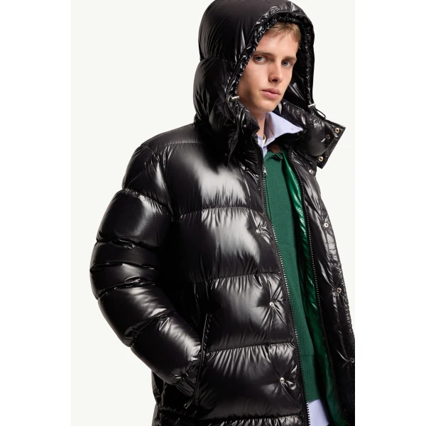 Moncler Hanoverian Hooded Square-Quilted Long Down Jacket in Metallic Black, view 6 | Men's Coats | Coveti